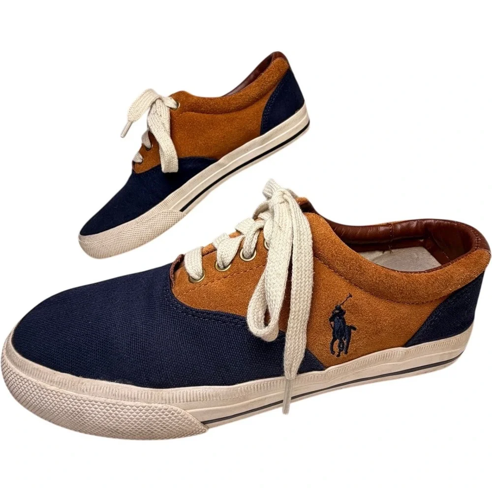 Polo Ralph Lauren Vaughn Saddle Sneakers Men’s 8D Navy Tan Canvas Suede - Picture 3 of 10